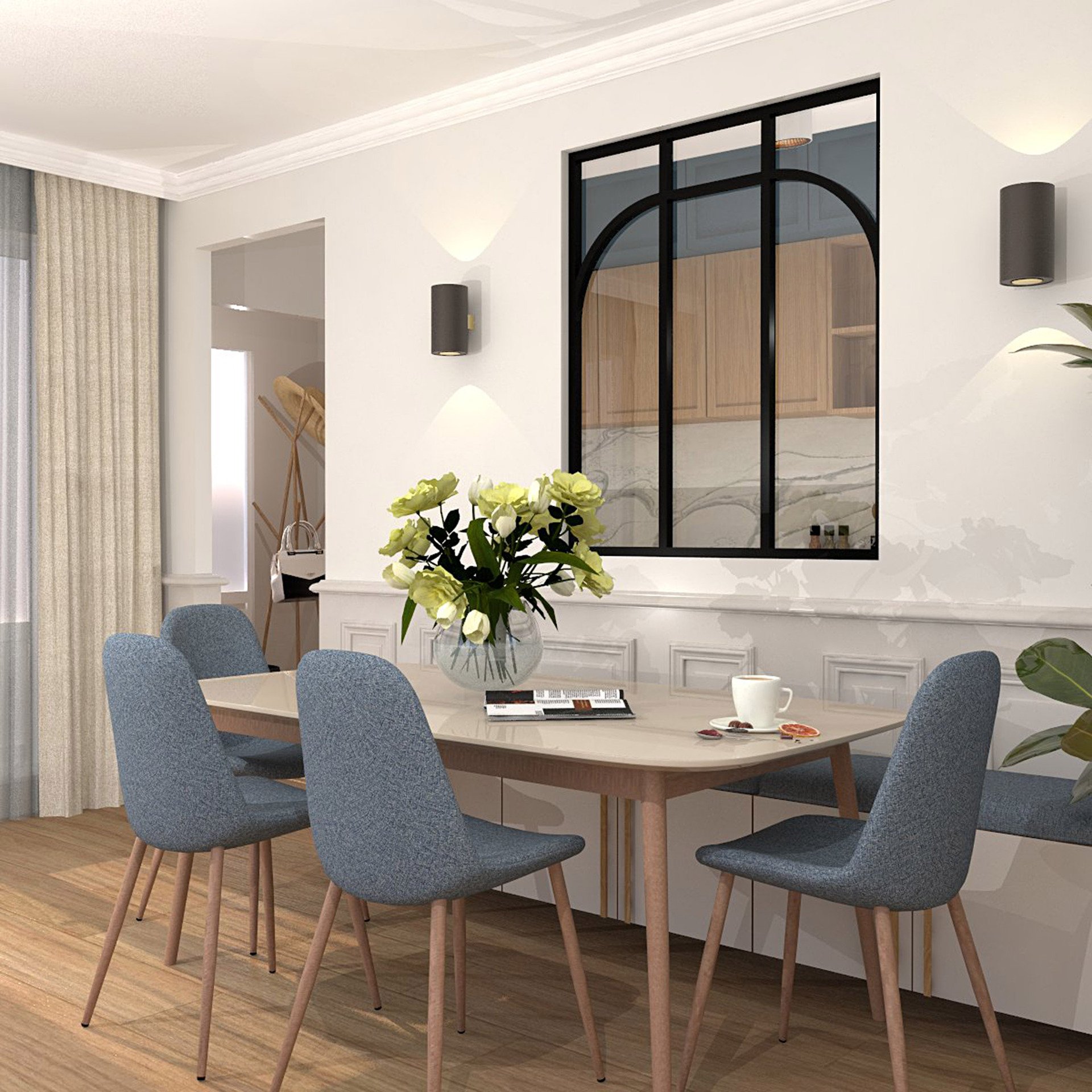 Verrière type atelier 3 vitrages clairs avec 2 arches et 1 traverses décoratives, chassis noir, largeur 105 cm