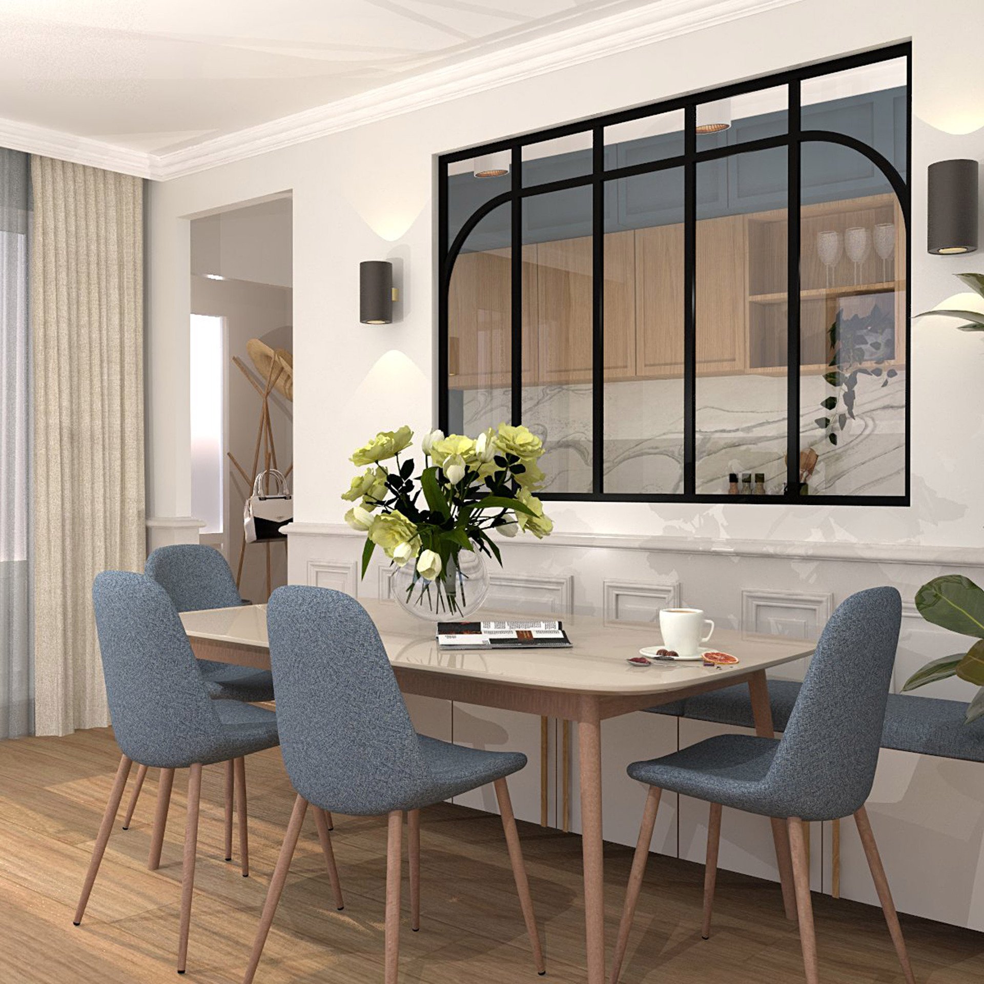 Verrière type atelier 5 vitrages clairs avec 2 arches et 3 traverses décoratives, chassis noir, largeur 173 cm