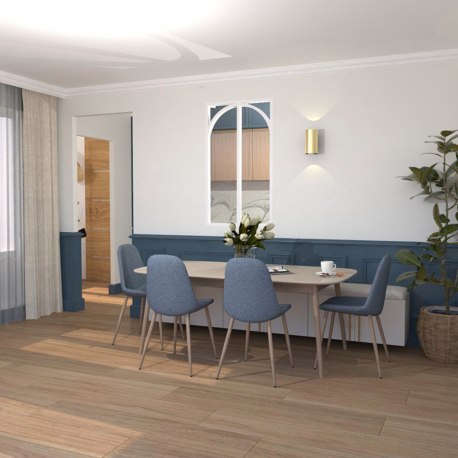 Verrière type atelier 2 vitrages clairs avec 2 arches décoratives, chassis blanc, largeur 71 cm