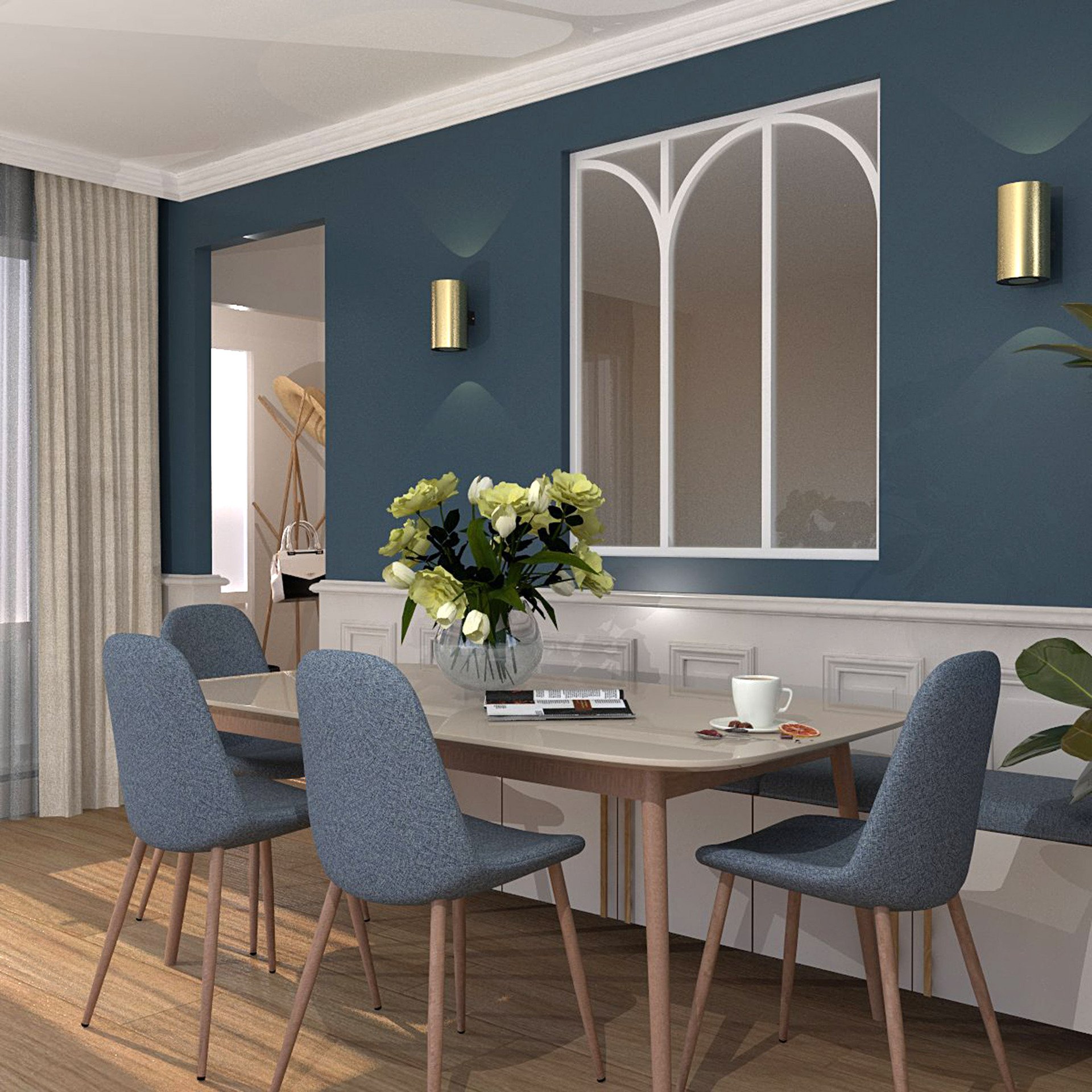 Verrière type atelier 3 vitrages clairs avec 3 arches décoratives, chassis blanc, largeur 105 cm