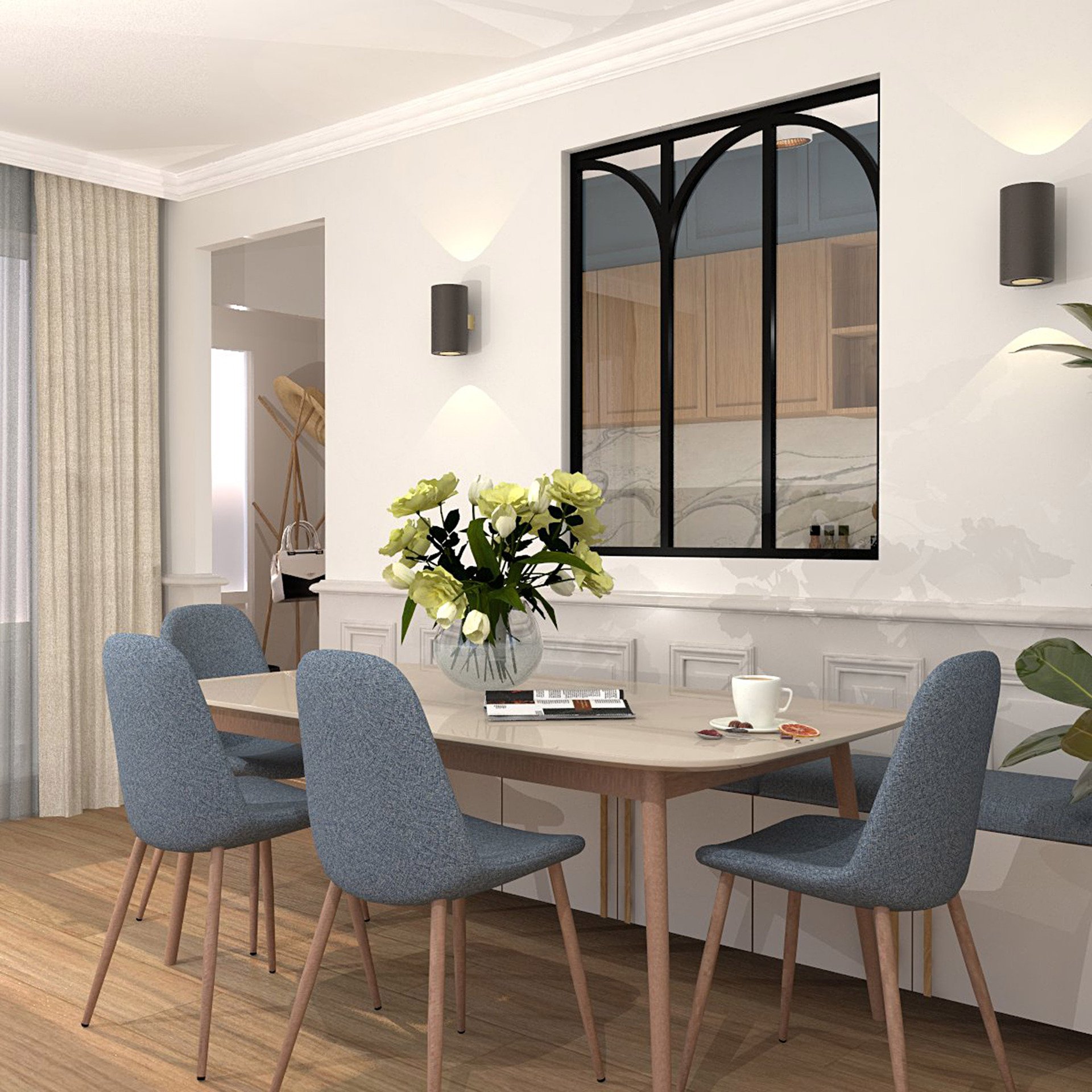 Verrière type atelier 3 vitrages clairs avec 3 arches décoratives, chassis noir, largeur 105 cm