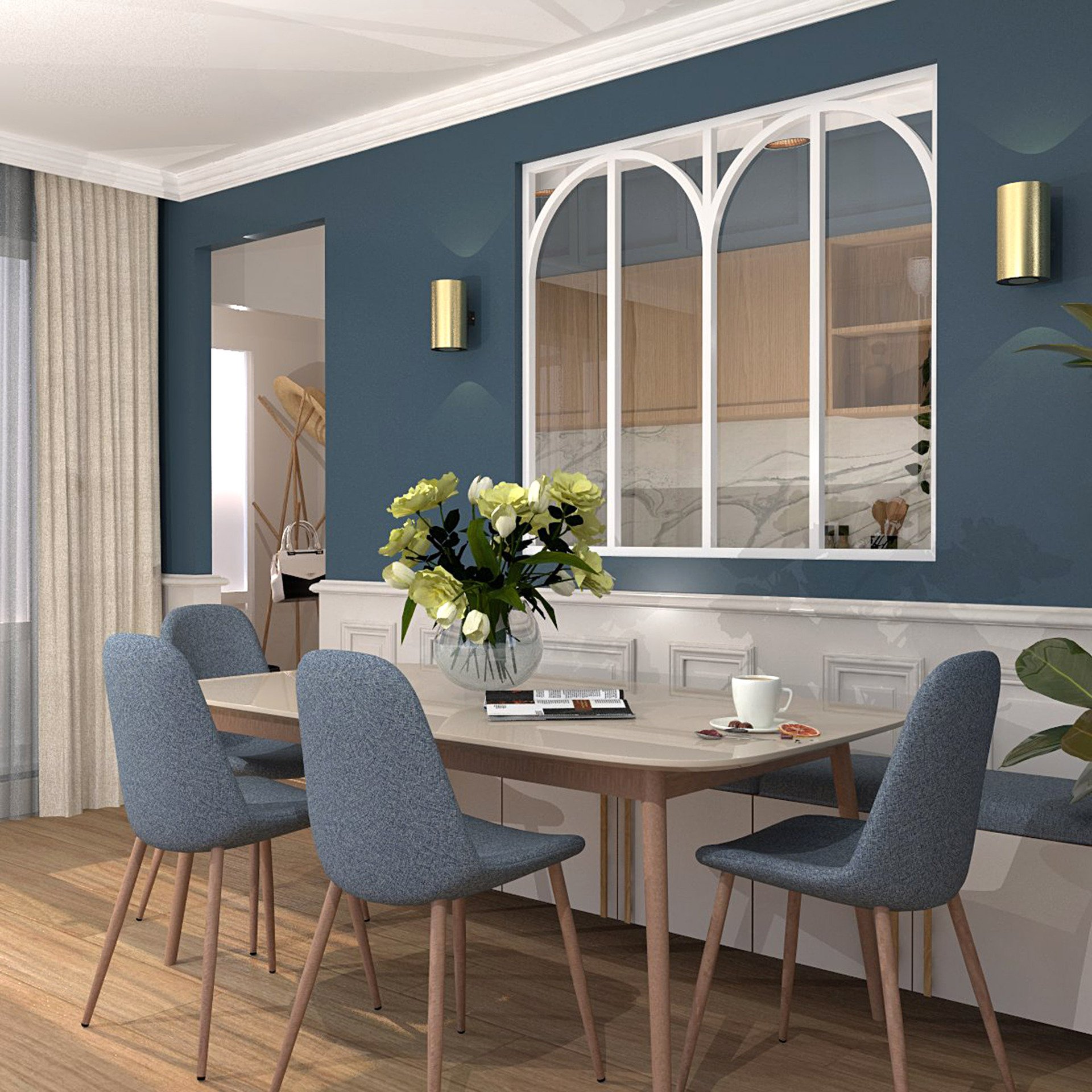 Verrière type atelier 4 vitrages clairs avec 4 arches décoratives, chassis blanc, largeur 139 cm