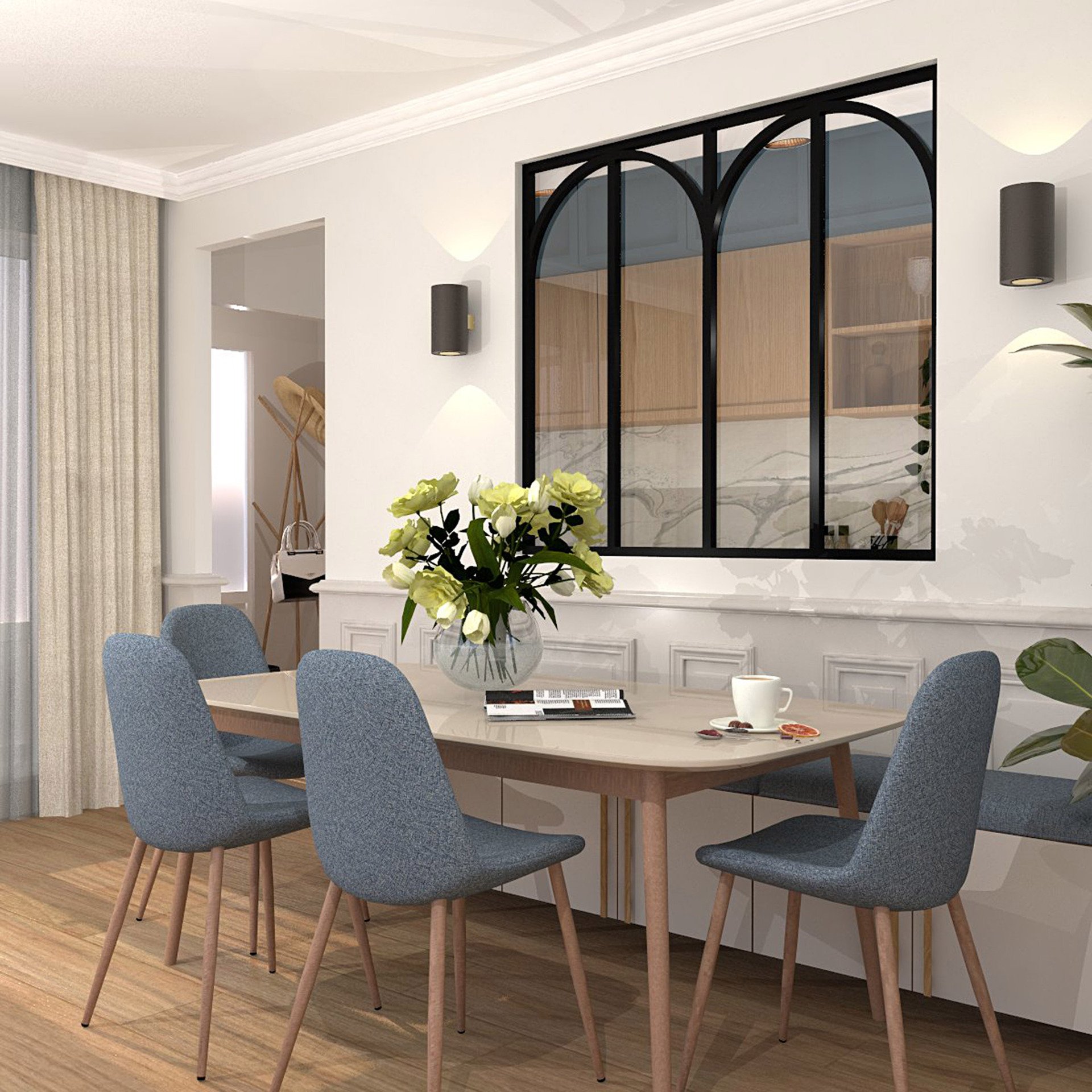 Verrière type atelier 4 vitrages clairs avec 4 arches décoratives, chassis noir, largeur 139 cm