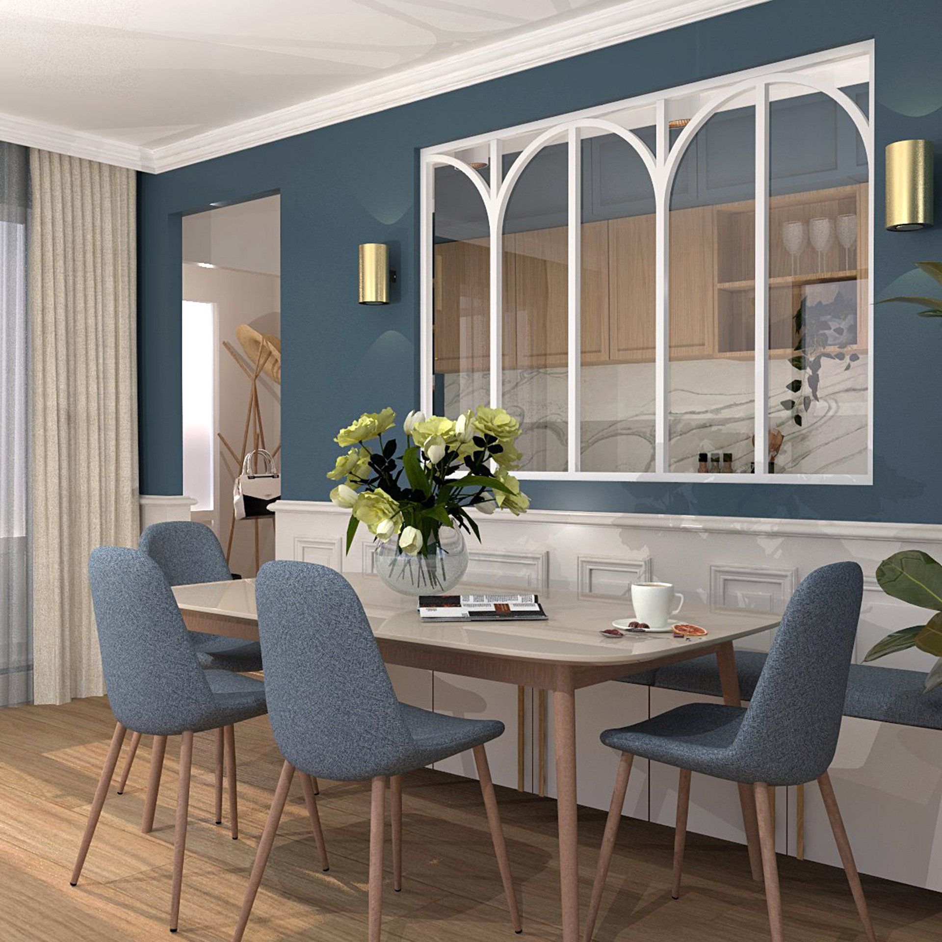 Verrière type atelier 5 vitrages clairs avec 5 arches décoratives, chassis blanc, largeur 173 cm