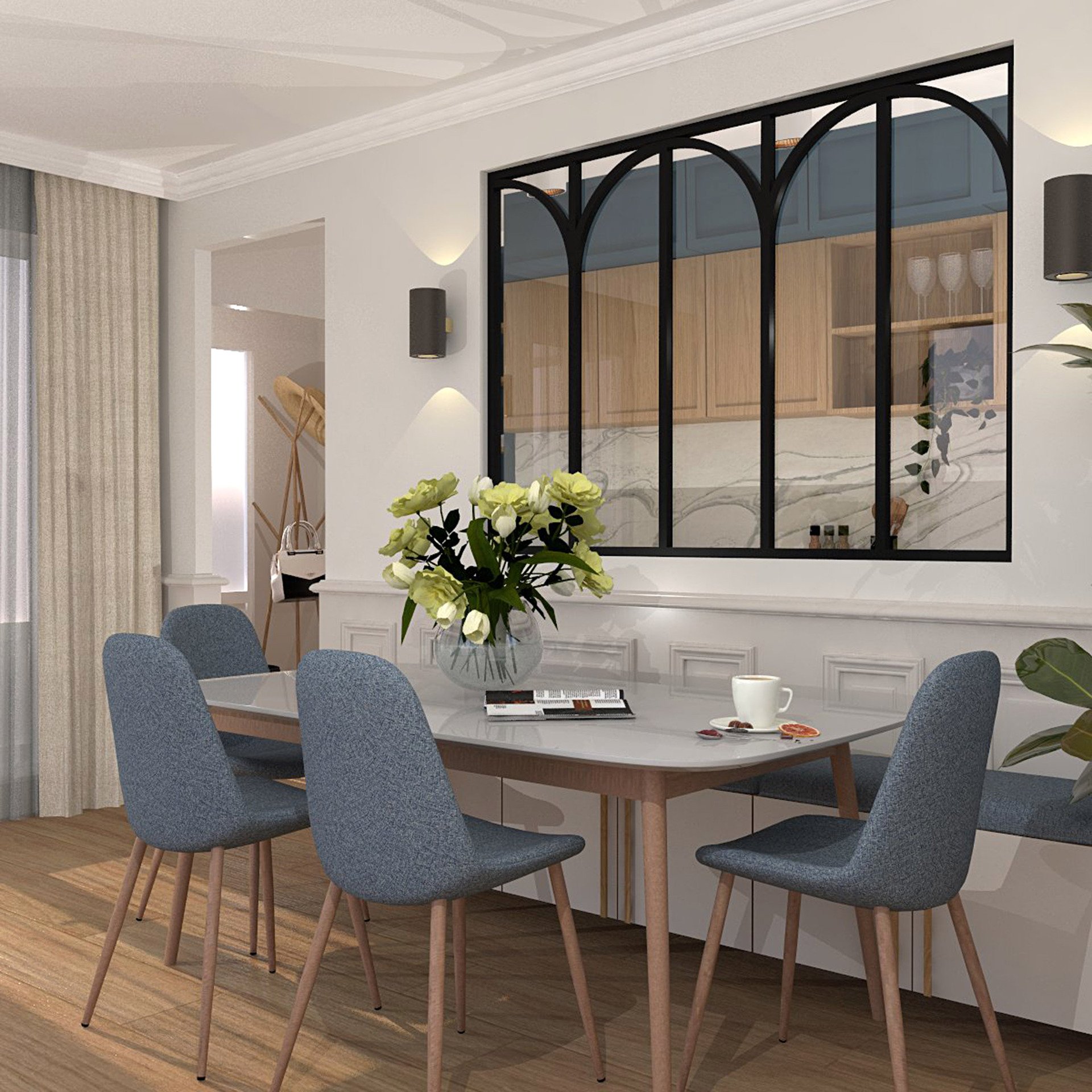 Verrière type atelier 5 vitrages clairs avec 5 arches décoratives, chassis noir, largeur 173 cm