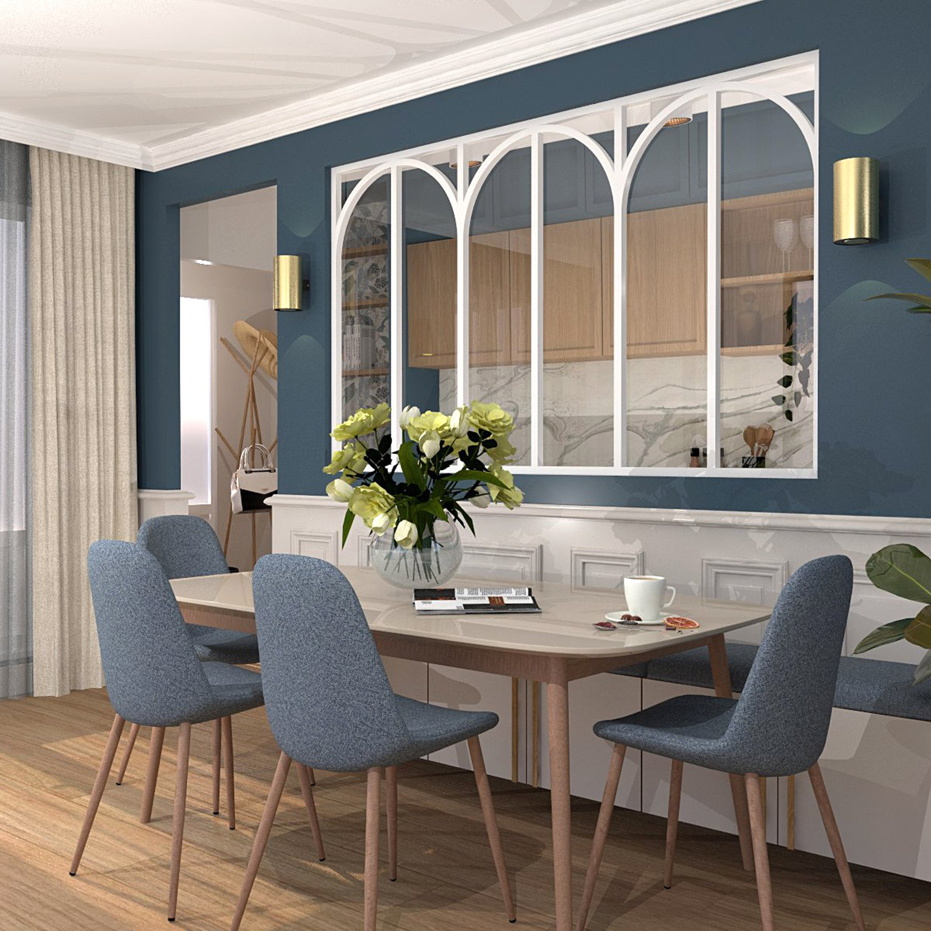 Verrière type atelier 6 vitrages clairs avec 6 arches décoratives, chassis blanc, largeur 207 cm