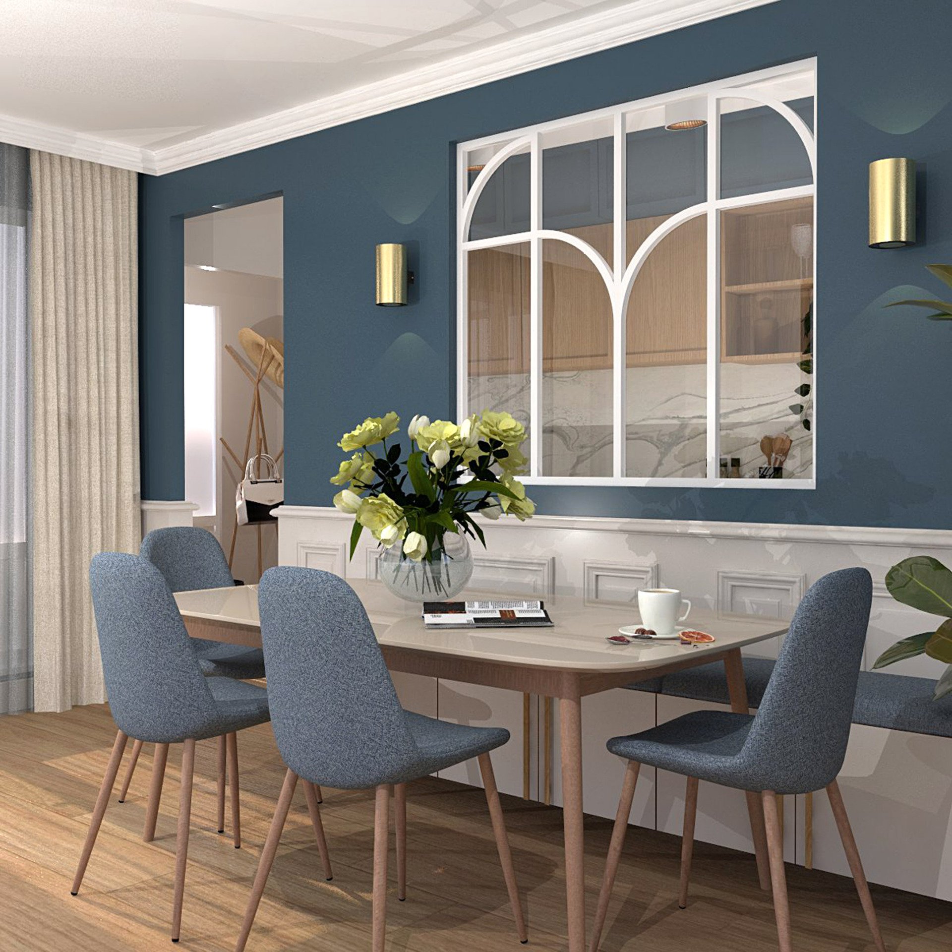 Verrière type atelier 4 vitrages clairs avec 4 arches et 2 traverses décoratives, chassis blanc, largeur 139 cm