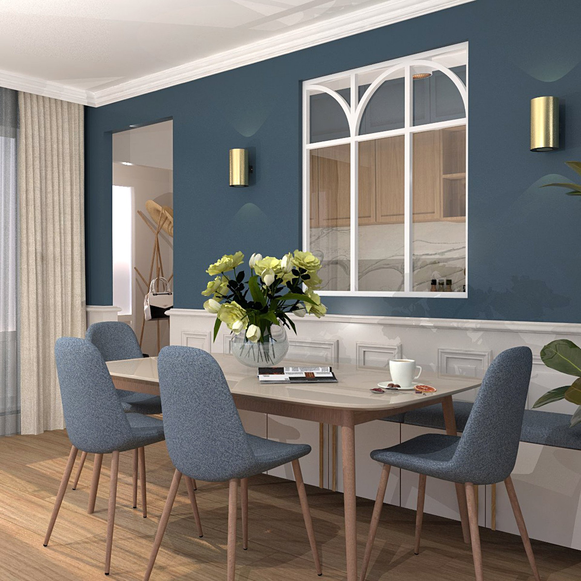 Verrière type atelier 3 vitrages clairs avec 3 arches et 3 traverses décoratives, chassis blanc, largeur 105 cm