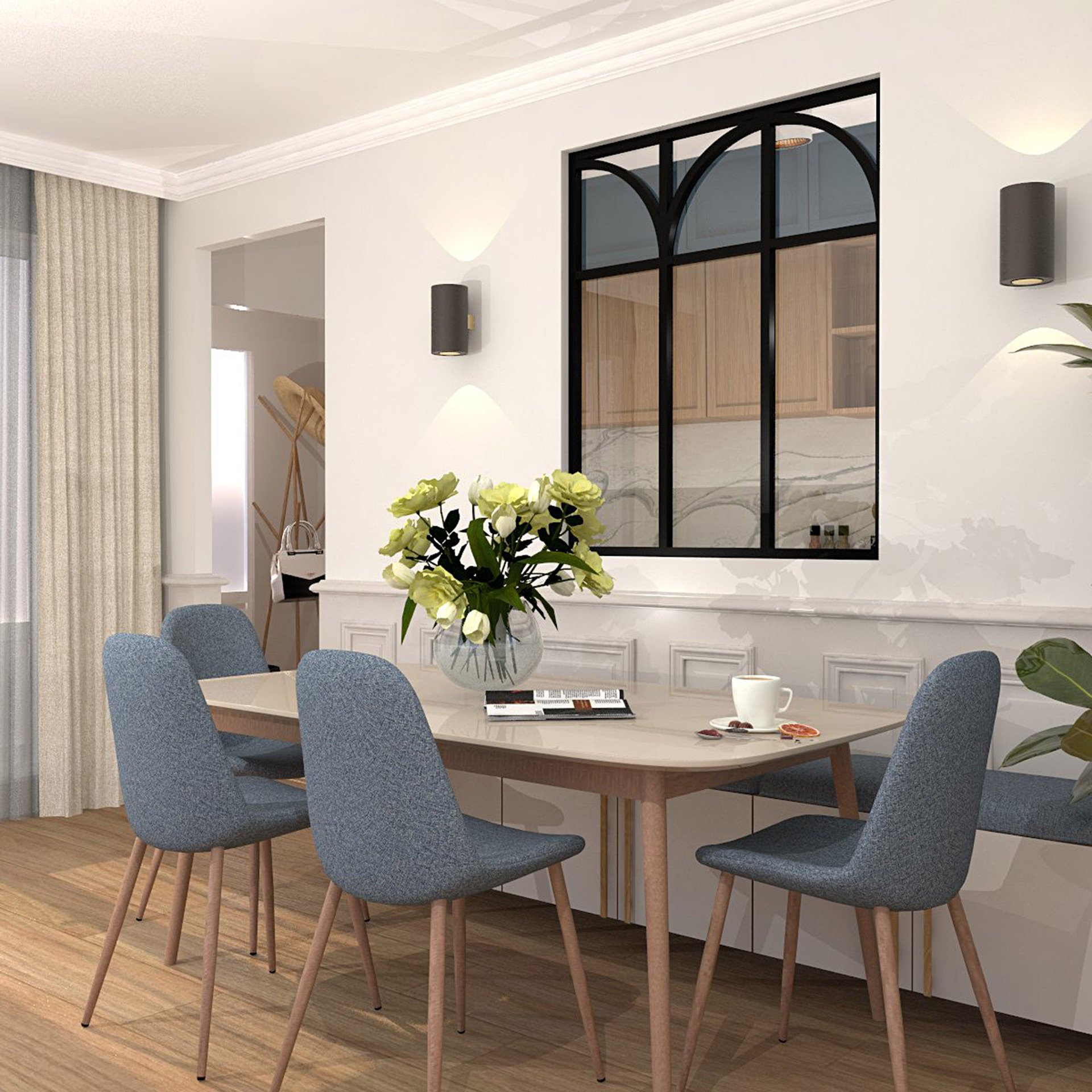 Verrière type atelier 3 vitrages clairs avec 3 arches et 3 traverses décoratives, chassis noir, largeur 105 cm