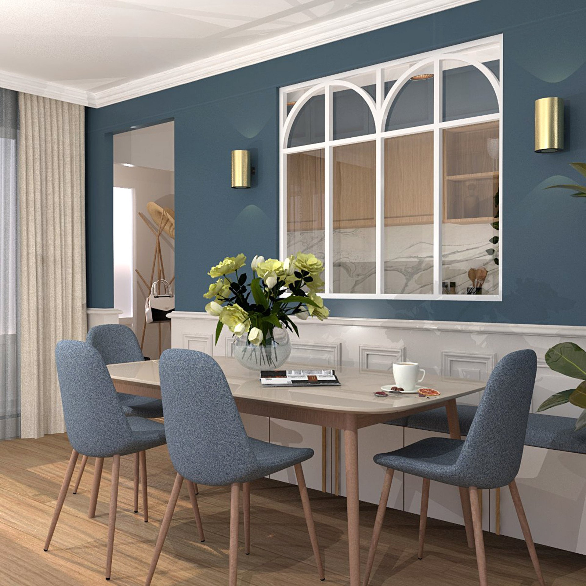 Verrière type atelier 4 vitrages clairs avec 4 arches et 4 traverses décoratives, chassis blanc, largeur 139 cm