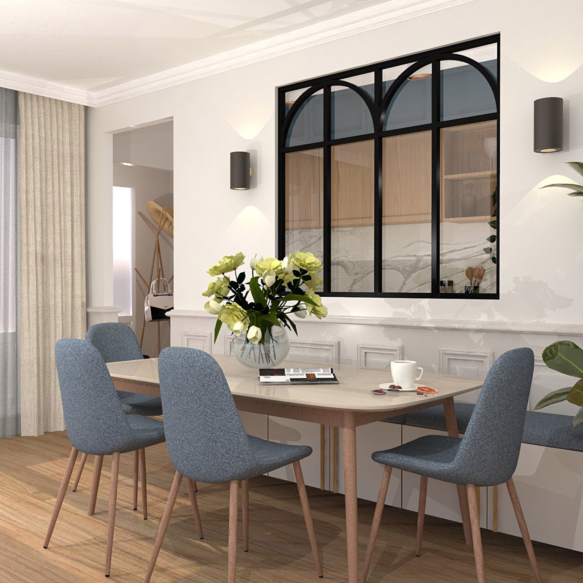 Verrière type atelier 4 vitrages clairs avec 4 arches et 4 traverses décoratives, chassis noir, largeur 139 cm