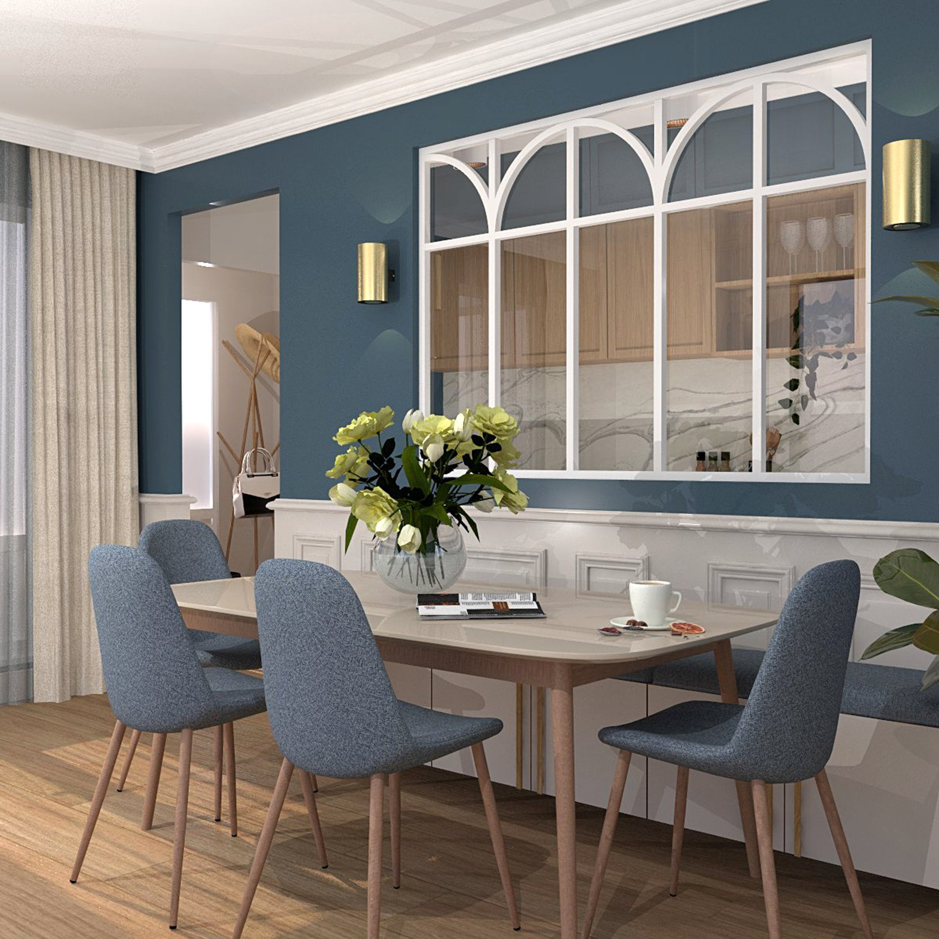 Verrière type atelier 5 vitrages clairs avec 5 arches et 5 traverses décoratives, chassis blanc, largeur 173 cm