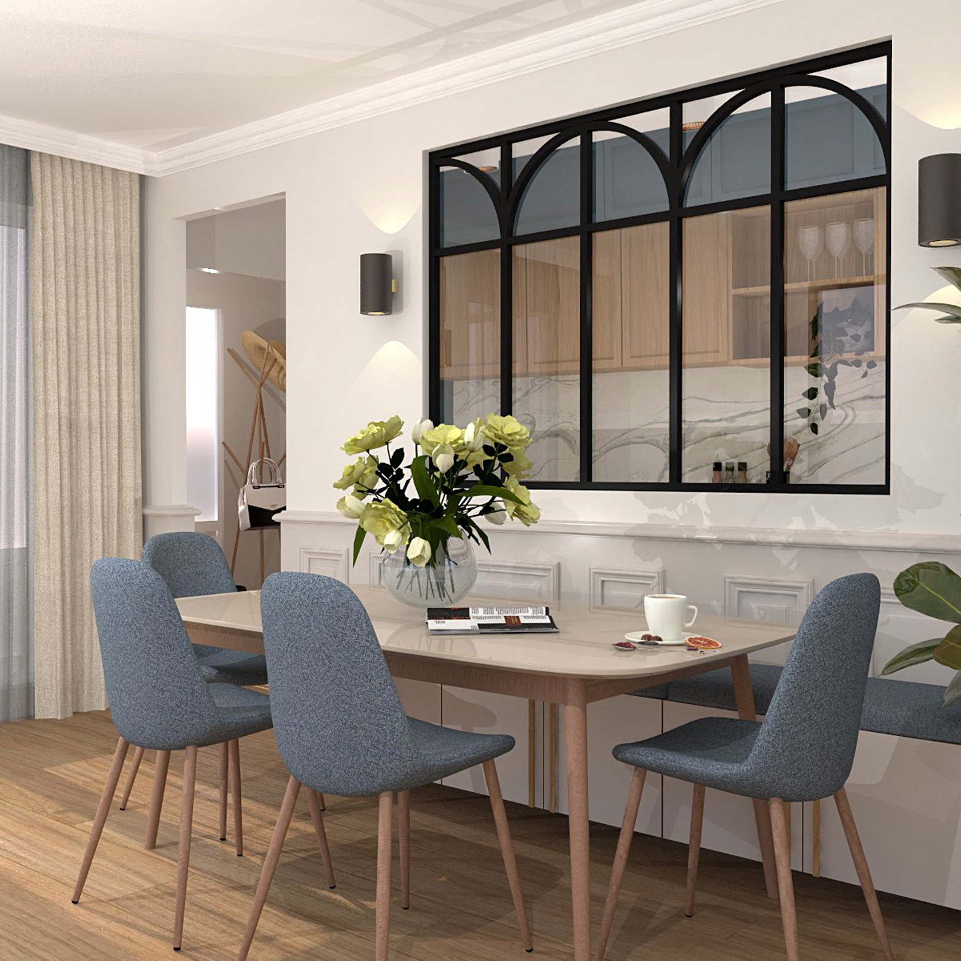 Verrière type atelier 5 vitrages clairs avec 5 arches et 5 traverses décoratives, chassis noir, largeur 173 cm