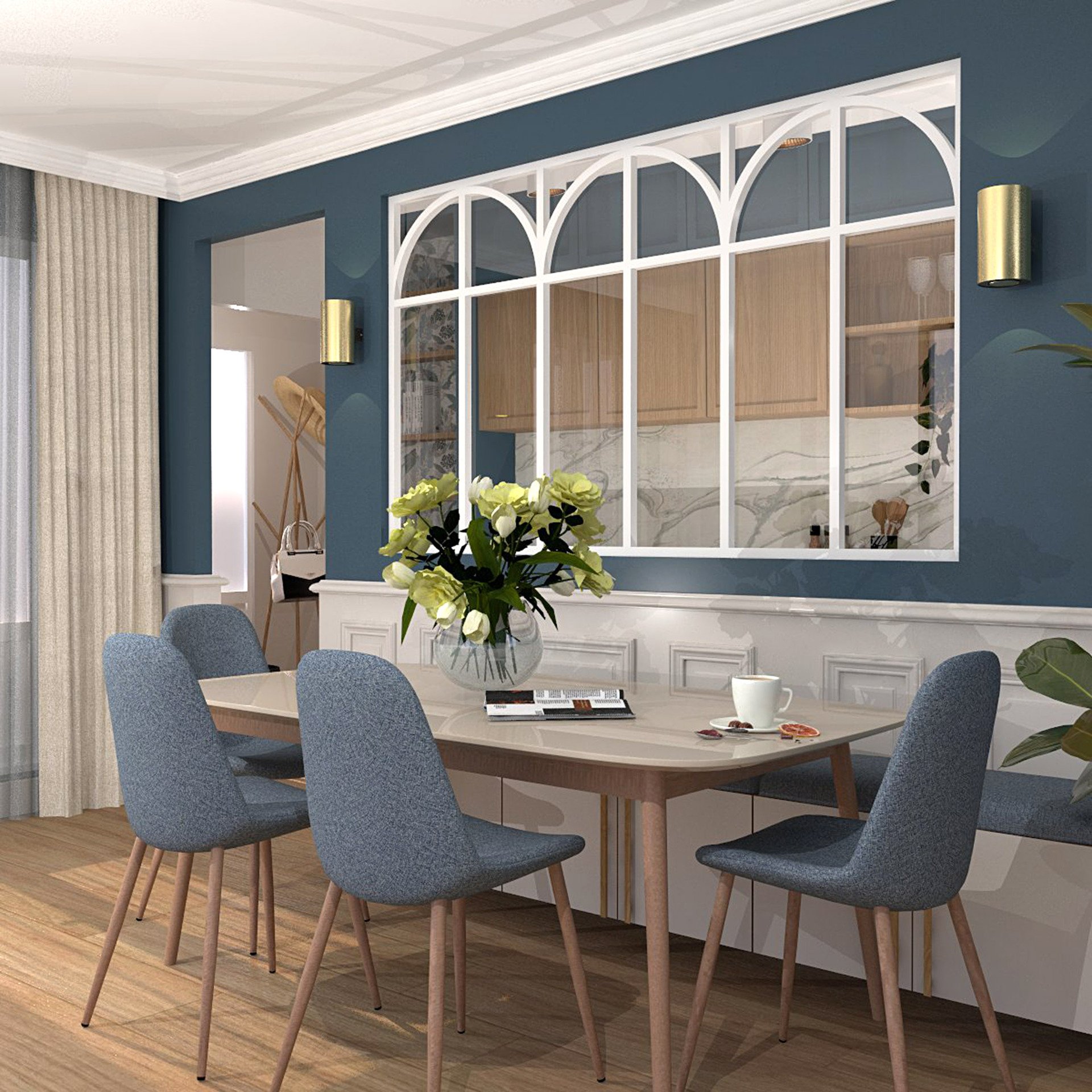 Verrière type atelier 6 vitrages clairs avec 6 arches et 6 traverses décoratives, chassis blanc, largeur 207 cm