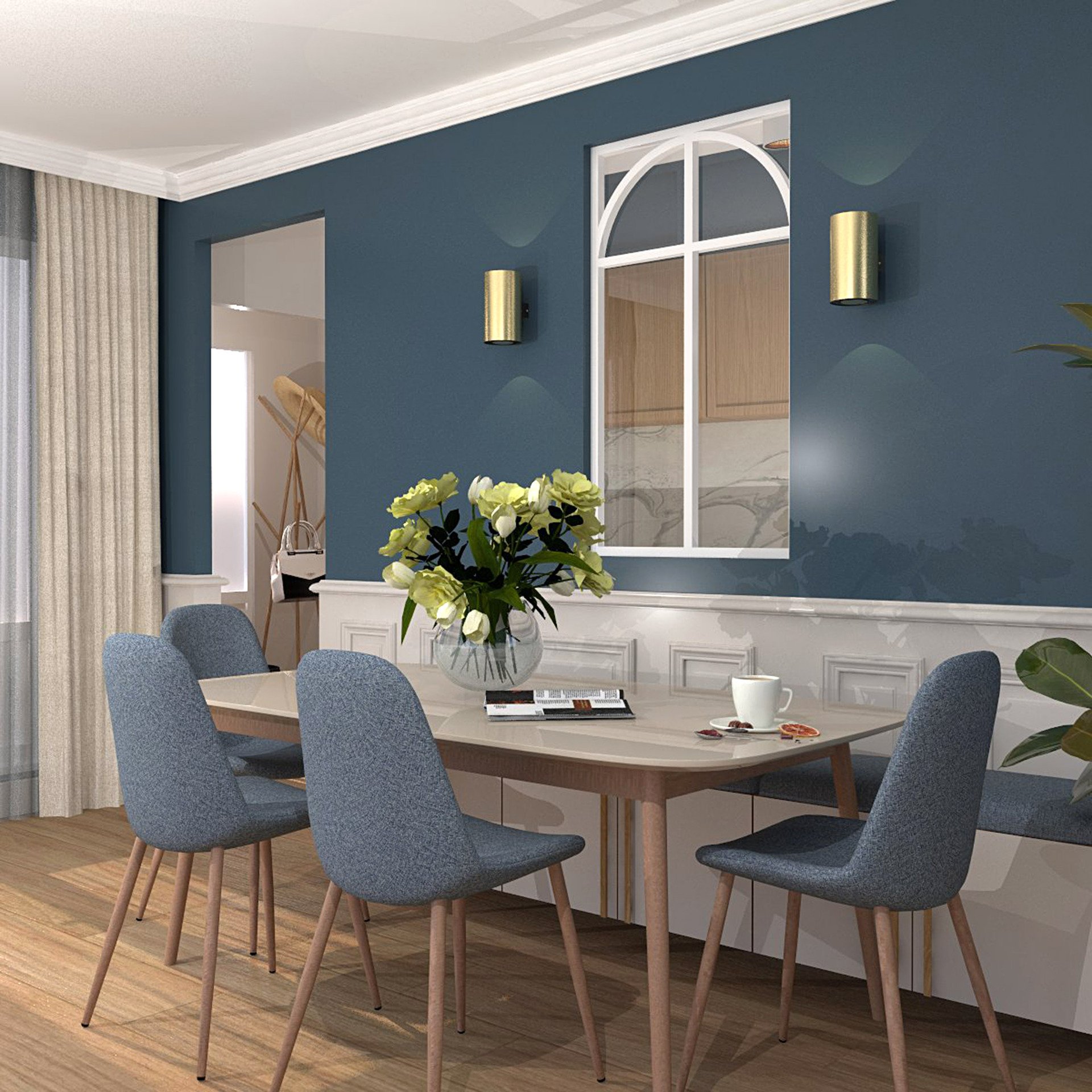 Verrière type atelier 2 vitrages clairs avec 2 arches et 2 traverses décoratives, chassis blanc, largeur 71 cm