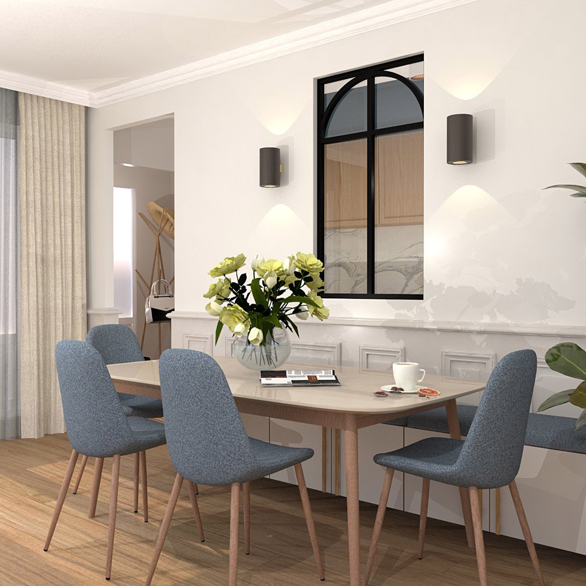 Verrière type atelier 2 vitrages clairs avec 2 arches et 2 traverses décoratives, chassis noir, largeur 71 cm