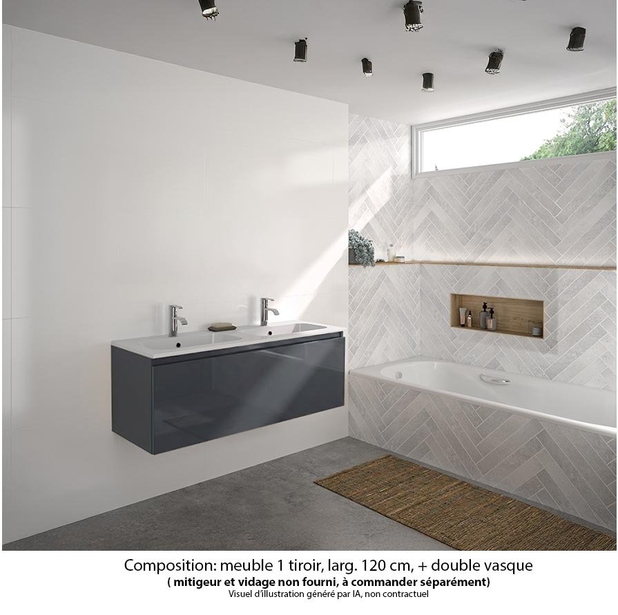 Ensemble meuble de salle de bain Oxford 120 cm basalte brillant, plan double vasque marbre reconstitué,  1 tiroir
