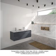 Ensemble meuble de salle de bain Oxford 120 cm basalte brillant, plan double vasque marbre reconstitué, 1 tiroir