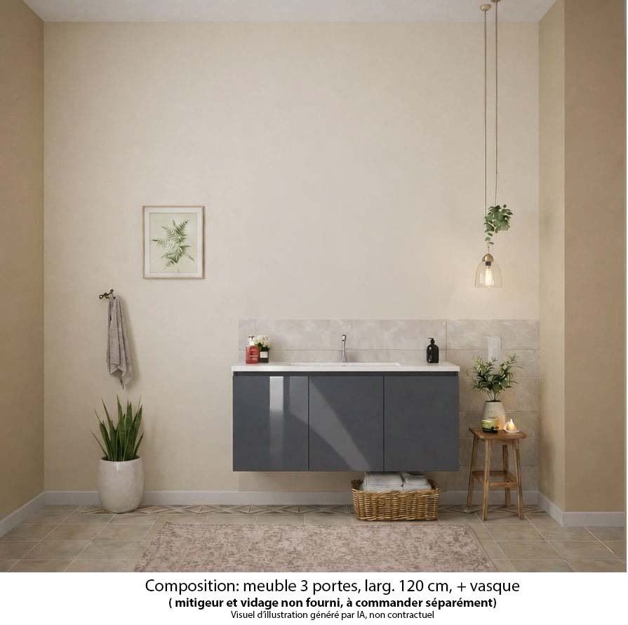 Ensemble meuble de salle de bain Oxford 120 cm basalte brillant, plan vasque céramique,  3 portes
