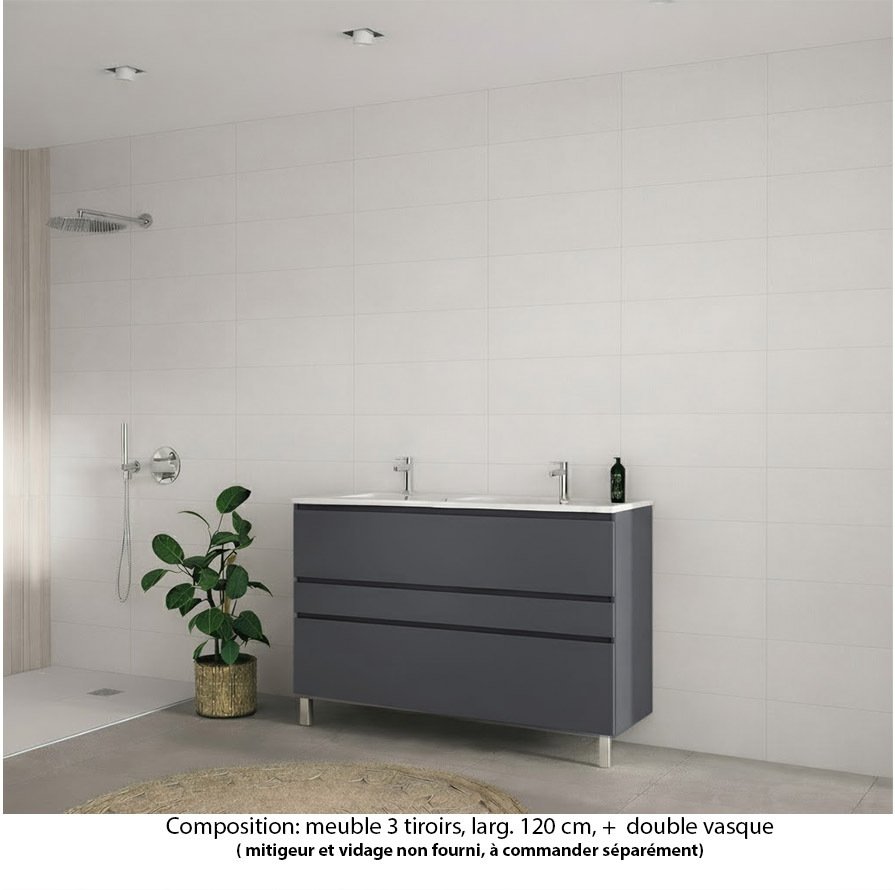 Ensemble meuble de salle de bain Oxford 120 cm basalte brillant, plan double vasque marbre reconstitué,  3 tiroirs