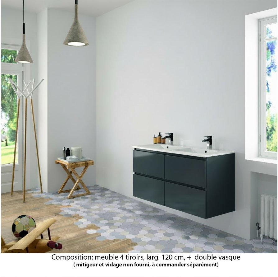 Ensemble meuble de salle de bain Oxford 140 cm basalte brillant, plan double double vasque marbre reconstitué,  4 tiroirs