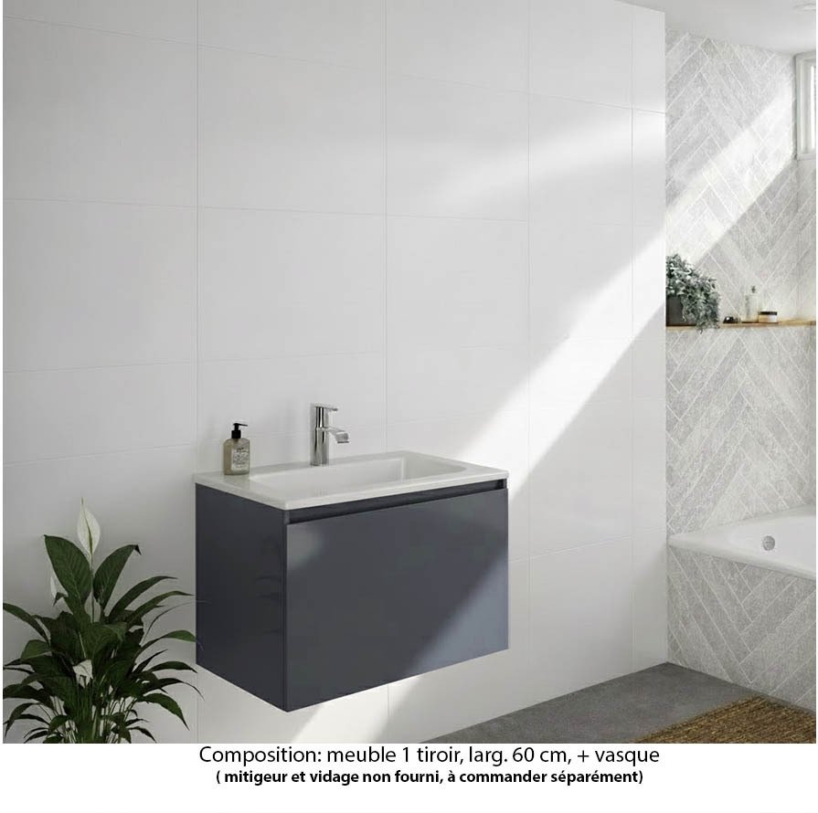 Ensemble meuble de salle de bain Oxford 60 cm basalte brillant, plan vasque marbre reconstitué,  1 tiroir