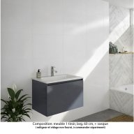 Ensemble meuble de salle de bain Oxford 80 cm basalte brillant, plan vasque marbre reconstitué, 1 tiroir