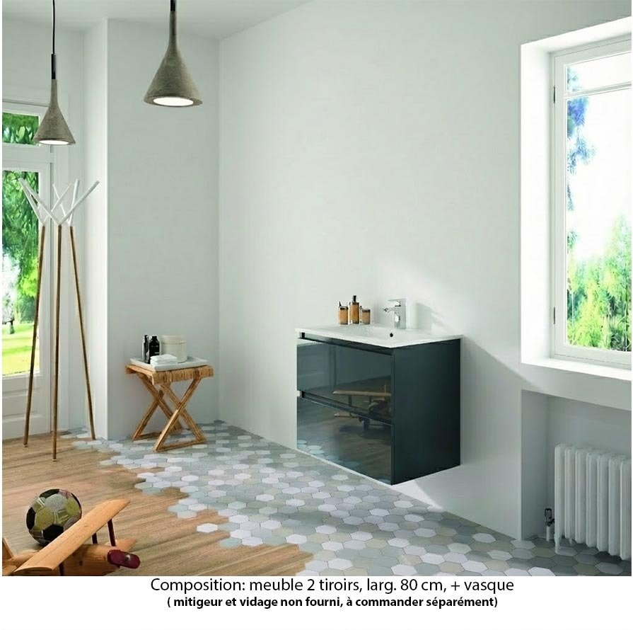 Ensemble meuble de salle de bain Oxford 80 cm basalte brillant, plan vasque céramique,  2 tiroirs
