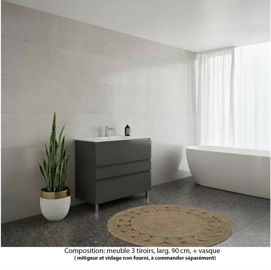 Ensemble meuble de salle de bain Oxford 100 cm basalte brillant, vasque marbre reconstitué,  3 tiroirs