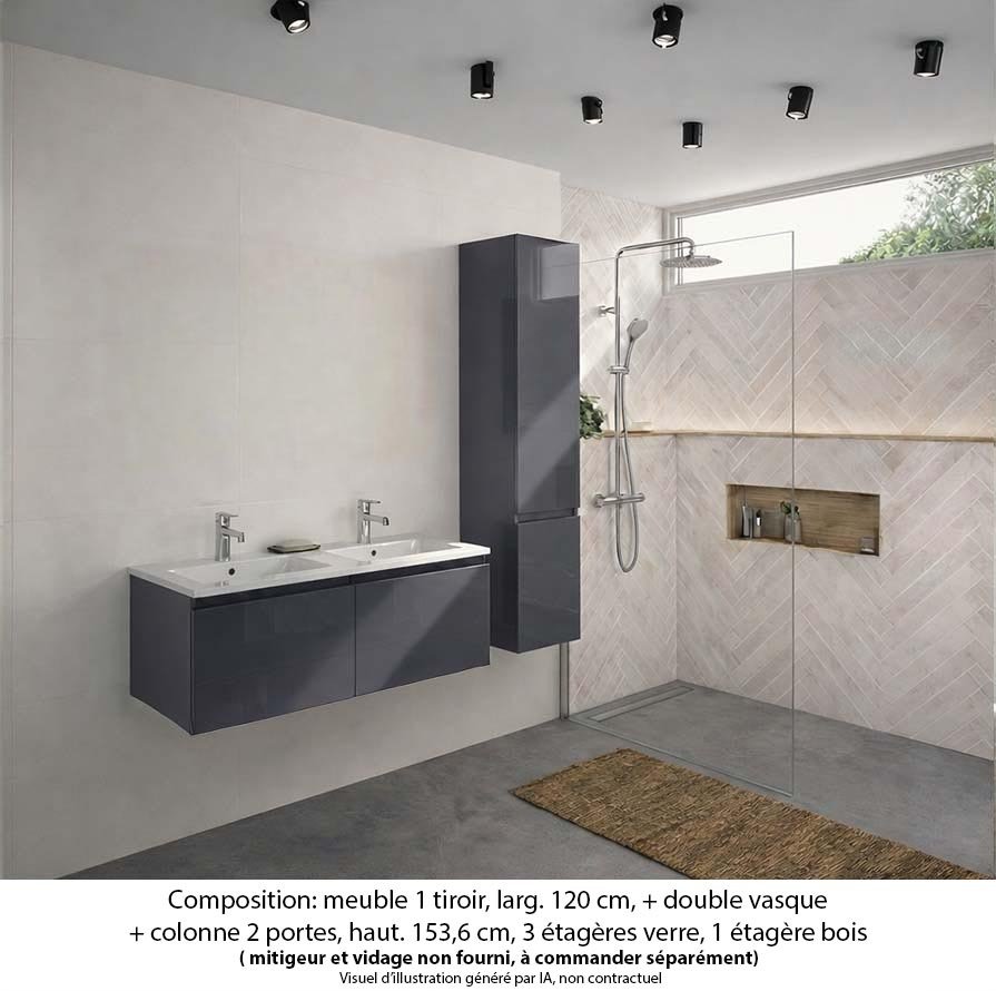 Ensemble meuble de salle de bain Oxford 140 cm basalte brillant, plan double double vasque céramique,  2 tiroirs + colonne P. 35 cm x H. 153 cm