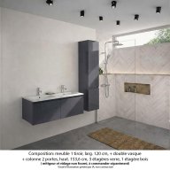 Ensemble meuble de salle de bain Oxford 120 cm basalte brillant, plan double vasque marbre reconstitué, 2 tiroirs + colonne P. 35 cm x H. 153 cm