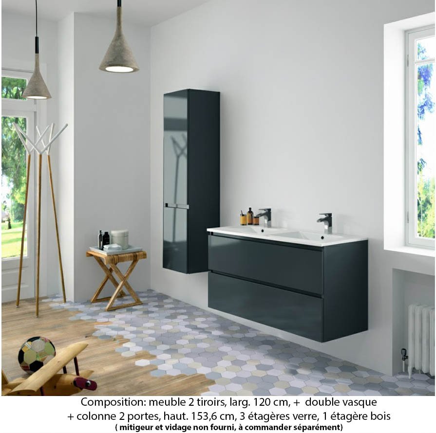 Ensemble meuble de salle de bain Oxford 120 cm basalte brillant, plan double vasque marbre reconstitué,  2 tiroirs +colonne P. 35 cm x H. 153 cm