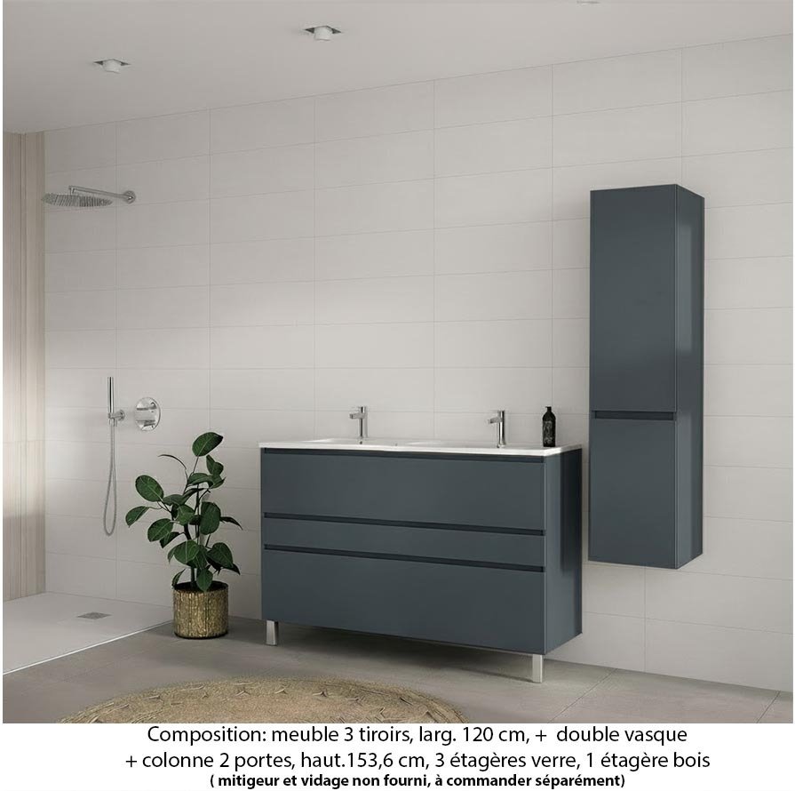 Ensemble meuble de salle de bain Oxford 120 cm basalte brillant, plan double vasque marbre reconstitué,  3 tiroirs +colonne P. 35 cm x H. 153 cm