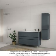 Ensemble meuble de salle de bain Oxford 120 cm basalte brillant, plan double vasque céramique, 3 tiroirs + colonne P. 35 cm x H. 153 cm