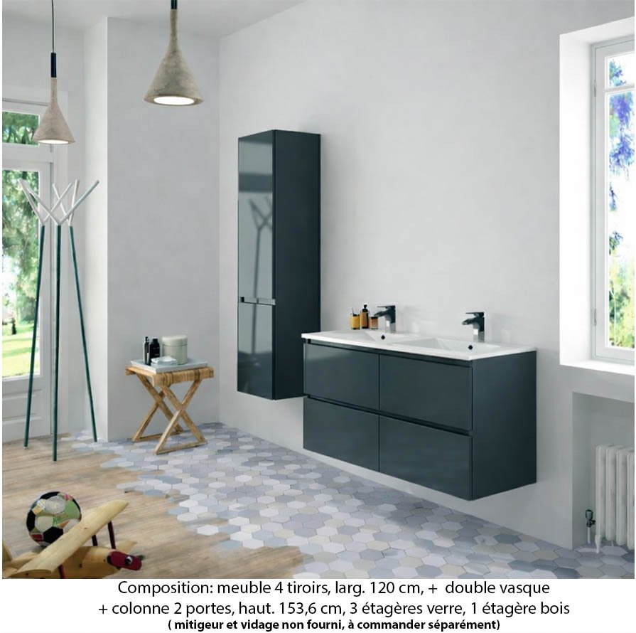 Ensemble meuble de salle de bain Oxford 140 cm basalte brillant, plan double double vasque céramique,  4 tiroirs + colonne P. 35 cm x H. 153 cm