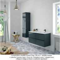 Ensemble meuble de salle de bain Oxford 140 cm basalte brillant, plan double double vasque marbre reconstitué, 4 tiroirs + colonne P. 35 cm x H. 153 cm