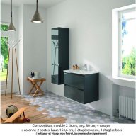 Ensemble meuble de salle de bain Oxford 80 cm basalte brillant, plan vasque céramique, 2 tiroirs + colonne (ch. à droite)