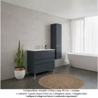 Ensemble meuble de salle de bain Oxford 90 cm basalte brillant, plan vasque céramique, 3 tiroirs + colonne P. 35 cm x H. 153 cm