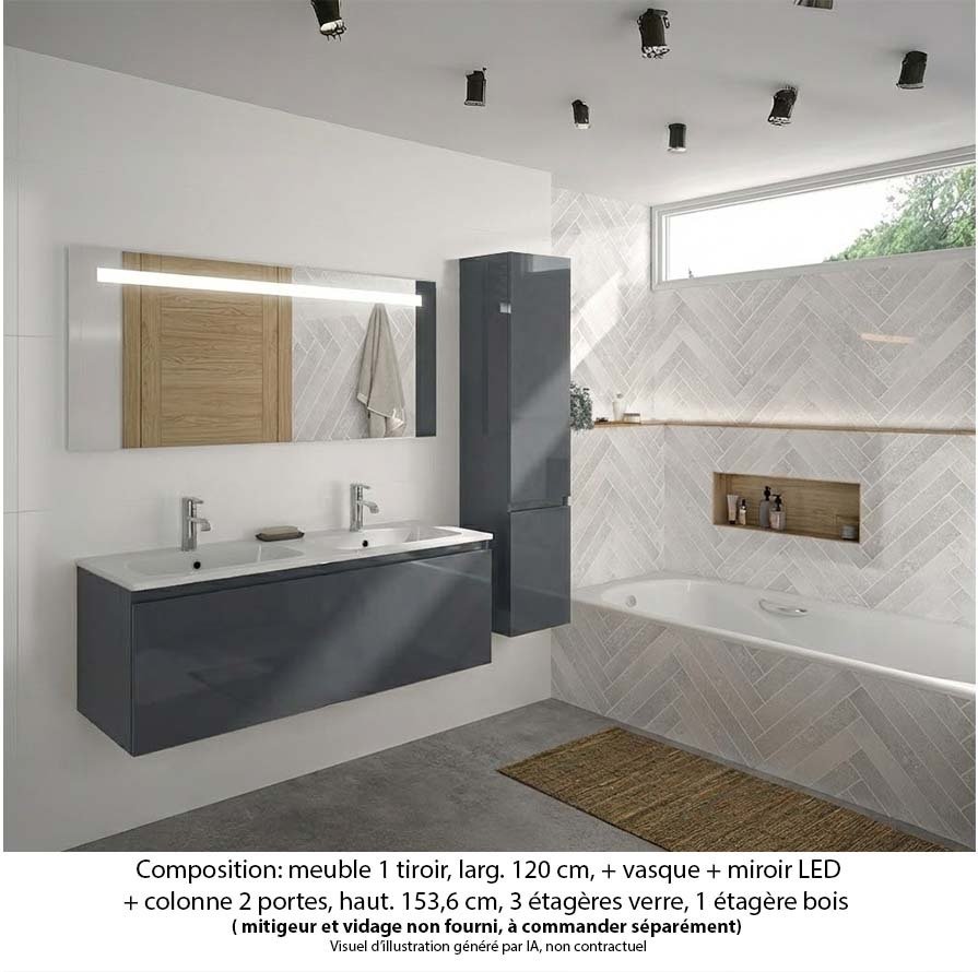 Ensemble meuble de salle de bain Oxford 120 cm basalte brillant, plan double vasque marbre reconstitué,  1 tiroir +colonne P. 35 cm x H. 153 cm  , miroir LED