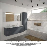 Ensemble meuble de salle de bain Oxford 120 cm basalte brillant, plan double vasque marbre reconstitué, 1 tiroir + colonne P. 35 cm x H. 153 cm , miroir LED