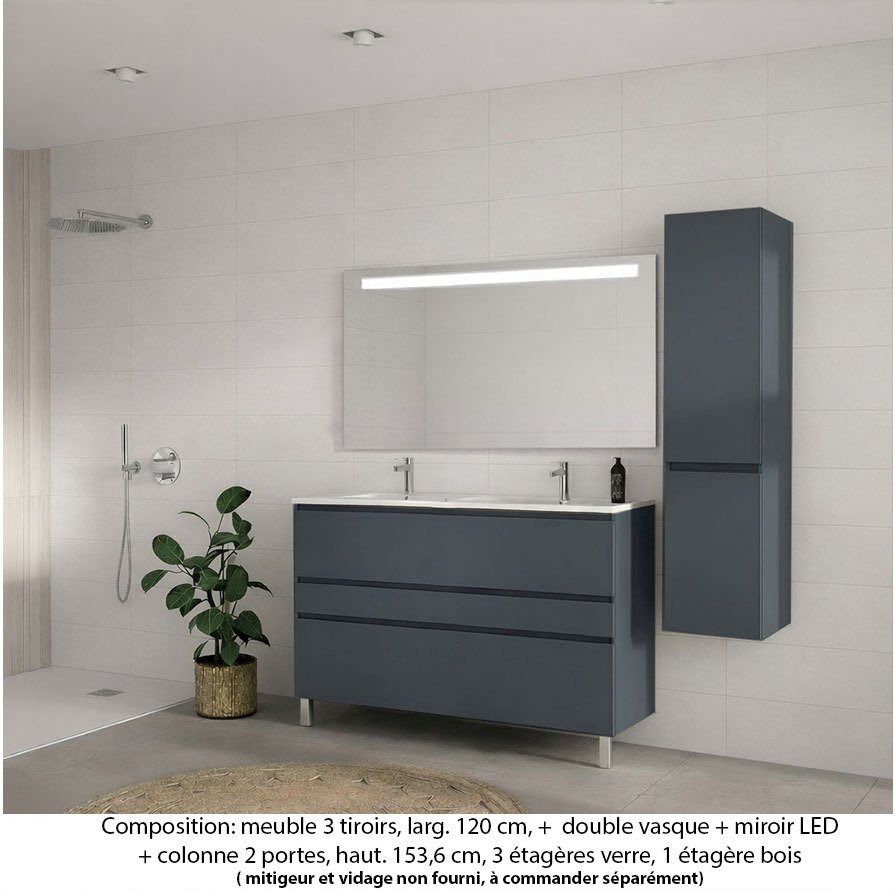 Ensemble meuble de salle de bain Oxford 120 cm basalte brillant, plan double vasque marbre reconstitué,  3 tiroirs + colonne P. 35 cm x H. 153 cm  , miroir LED