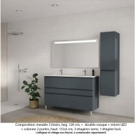 Ensemble meuble de salle de bain Oxford 120 cm basalte brillant, plan double vasque céramique, 3 tiroirs + colonne P. 35 cm x H. 153 cm , miroir LED