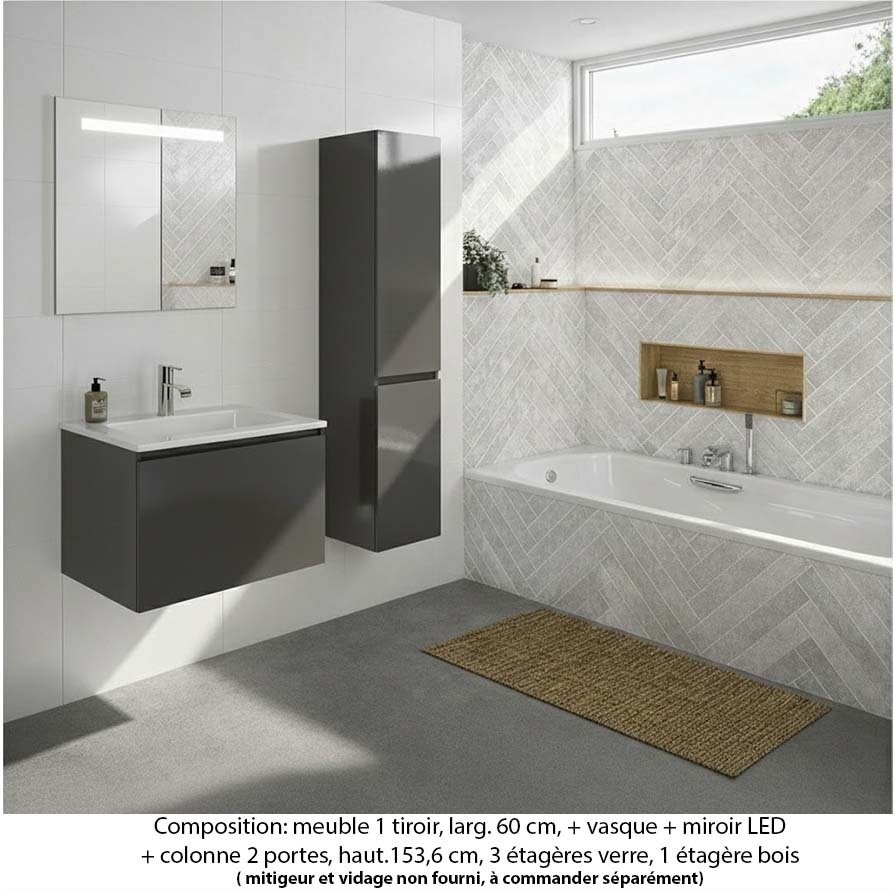 Ensemble meuble de salle de bain Oxford 60 cm basalte brillant, plan vasque marbre reconstitué,  1 tiroir +colonne P. 35 cm x H. 153 cm  , miroir LED