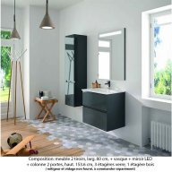 Ensemble meuble de salle de bain Oxford 80 cm basalte brillant, plan vasque céramique, 2 tiroirs + colonne (ch. à droite), miroir LED