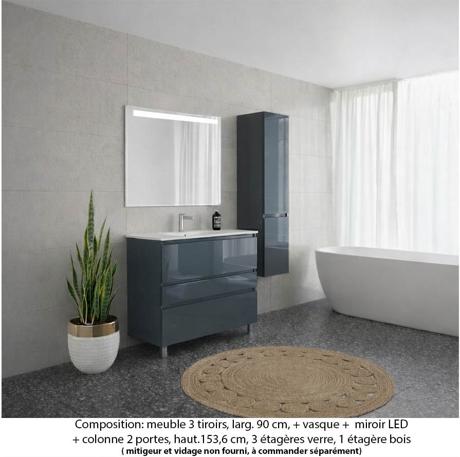 Ensemble meuble de salle de bain Oxford 90 cm basalte brillant, plan vasque marbre reconstitué,  3 tiroirs + colonne P. 35 cm x H. 153 cm  , miroir LED
