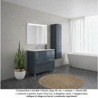 Ensemble meuble de salle de bain Oxford 90 cm basalte brillant, plan vasque céramique, 3 tiroirs + colonne P. 35 cm x H. 153 cm , miroir LED