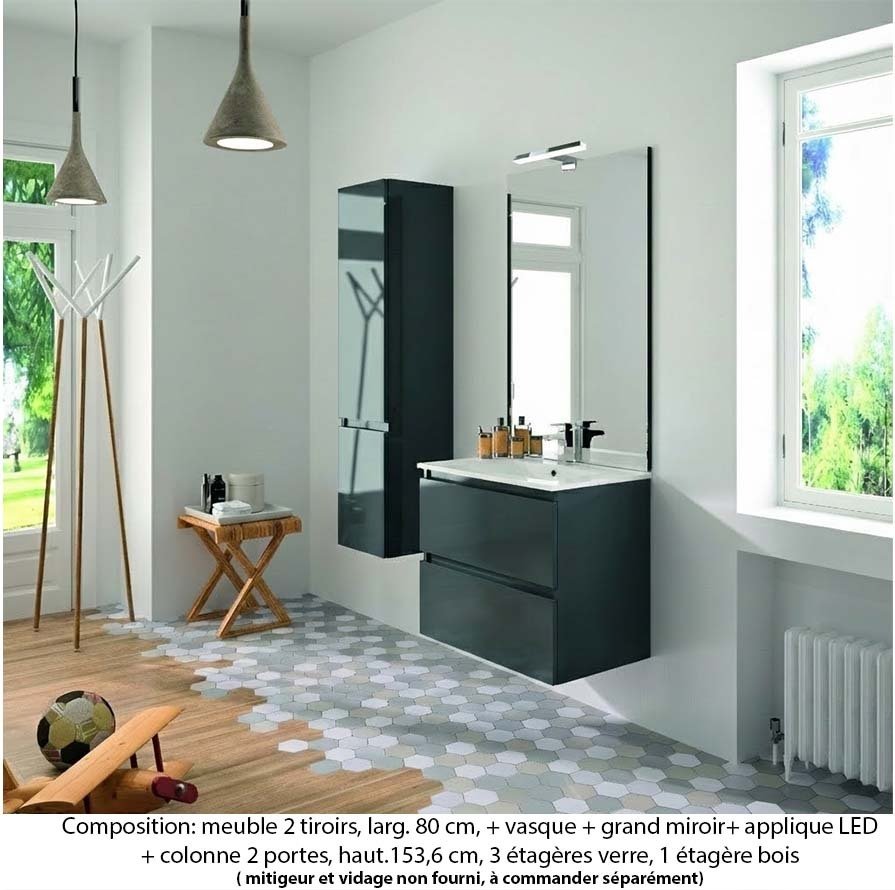 Ensemble meuble de salle de bain Oxford 80 cm basalte brillant, plan vasque marbre reconstitué, 2 tiroirs , miroir plan , applique , colonne (ch. à gauche)