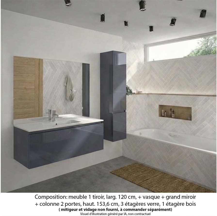 Ensemble meuble de salle de bain Oxford 120 cm basalte brillant, plan vasque marbre reconstitué, 1 tiroir , miroir plan , colonne P. 35 cm x H. 153 cm