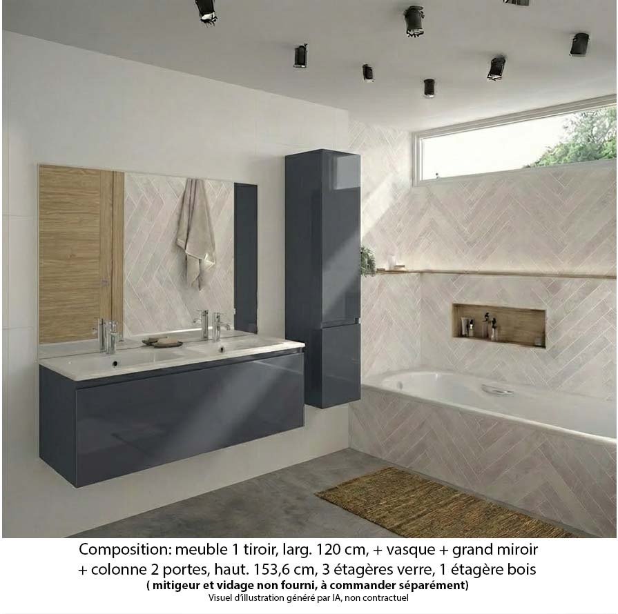 Ensemble meuble de salle de bain Oxford 120 cm basalte brillant, plan double vasque marbre reconstitué, 1 tiroir , miroir plan , colonne P. 35 cm x H. 153 cm