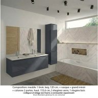 Ensemble meuble de salle de bain Oxford 120 cm basalte brillant, plan double vasque marbre reconstitué, 1 tiroir , miroir plan , colonne P. 35 cm x H. 153 cm